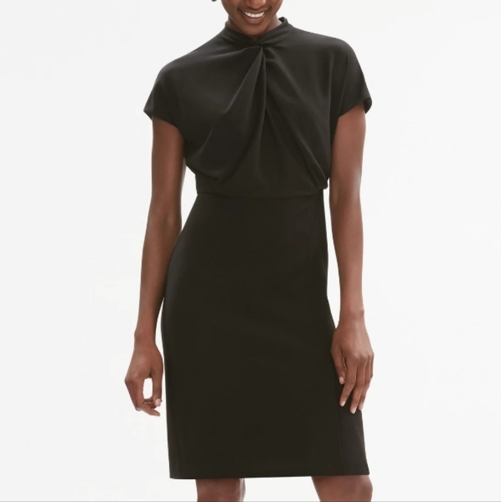 MM Lafleur The Adelaide Black Crepe Twist High Neck Midi Sheath Dress Size 10.